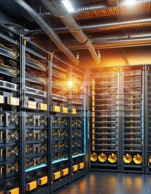 An overview of a vast mining farm with state-of-the-art heat dissipation setups maintaining optimal conditions for ETH and DOG operations