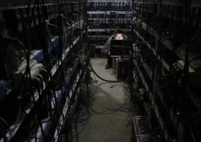 A sprawling cryptocurrency mining farm with rows of efficient mining machines